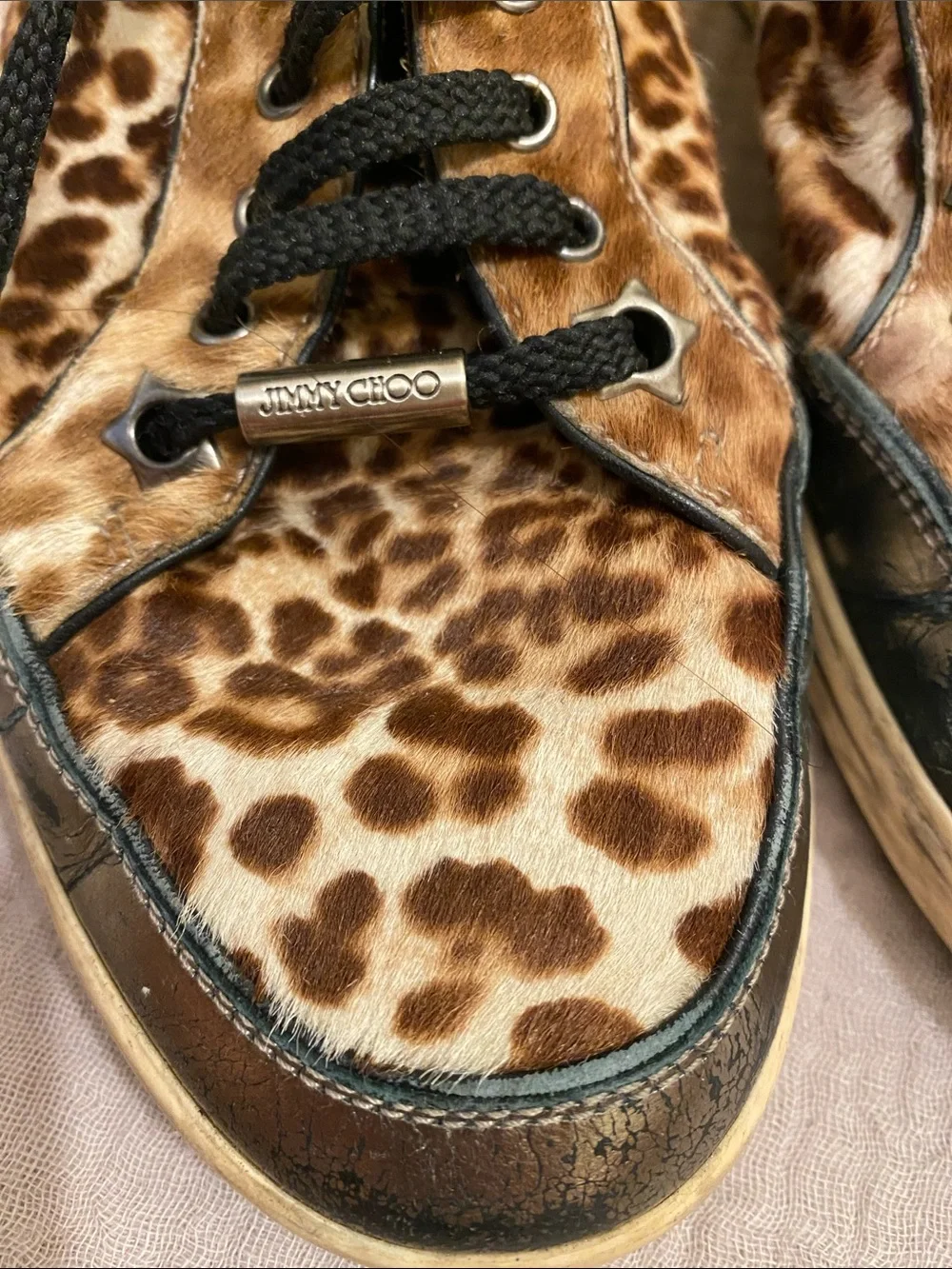 ImmJIMMY CHOO Leopard Print Leather Lace-Up Sneakers - Designer Style. Size 37.5